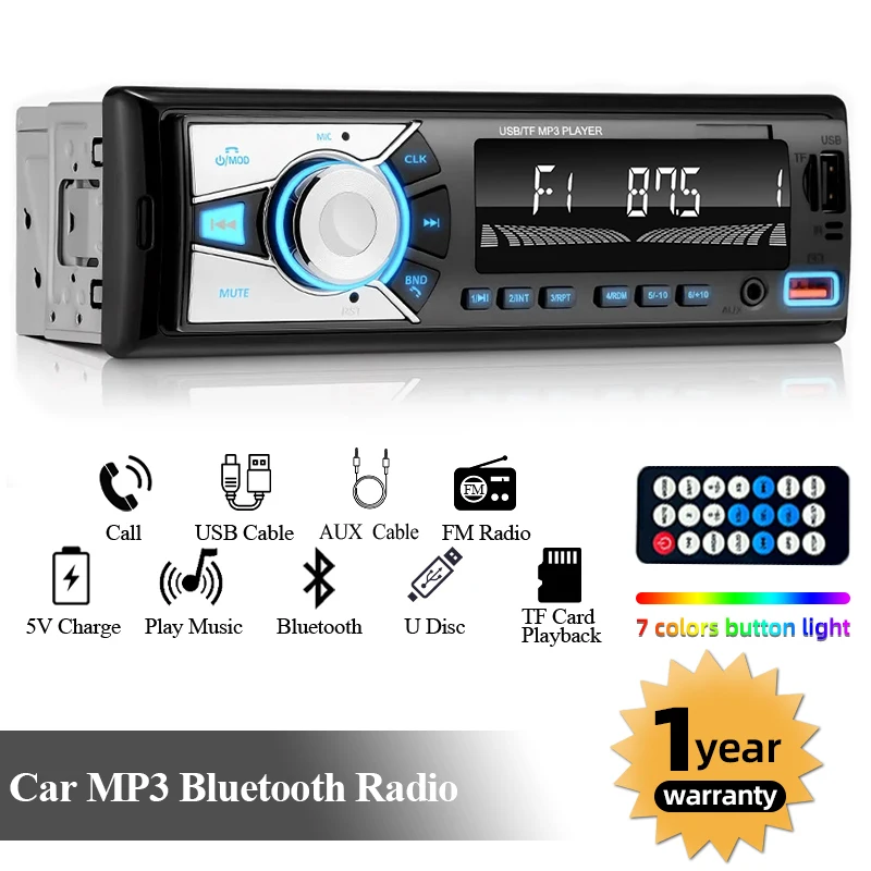 Car Radio Audio 1 Din Bluetooth Stereo Hands-Free Calling MP3 Player FM Receiver
