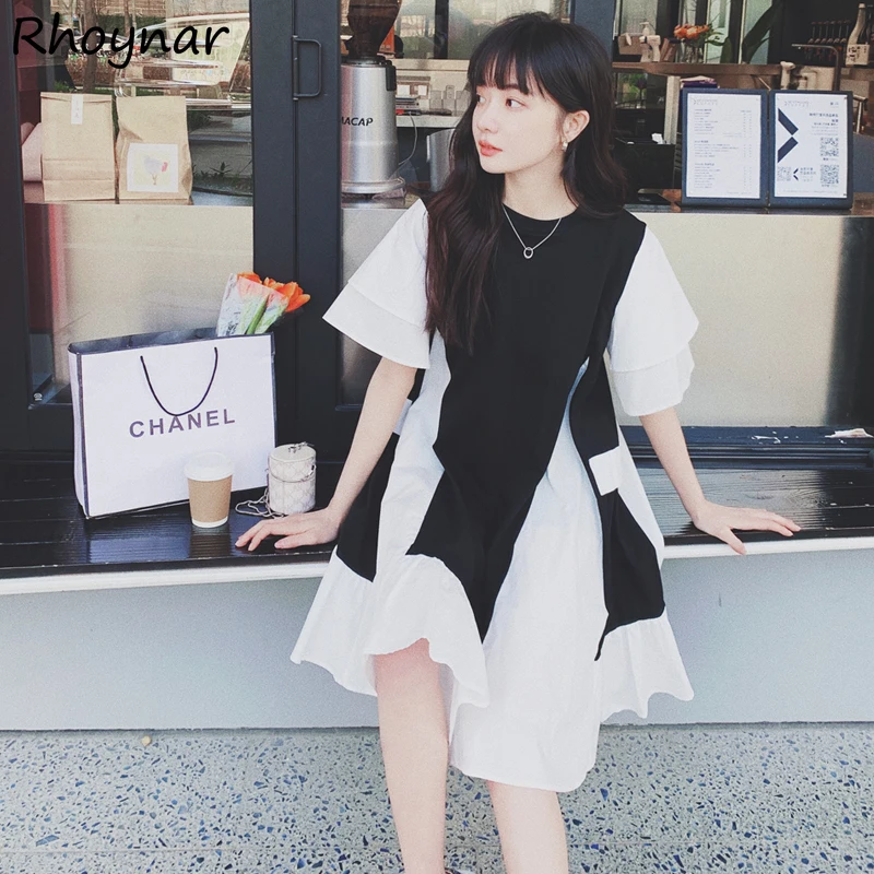 

Женское платье в стиле пэчворк, мягкое дизайнерское летнее Новое свободное платье в Корейском стиле бойфренда с коротким рукавом, длиной до колена, элегантное женское платье