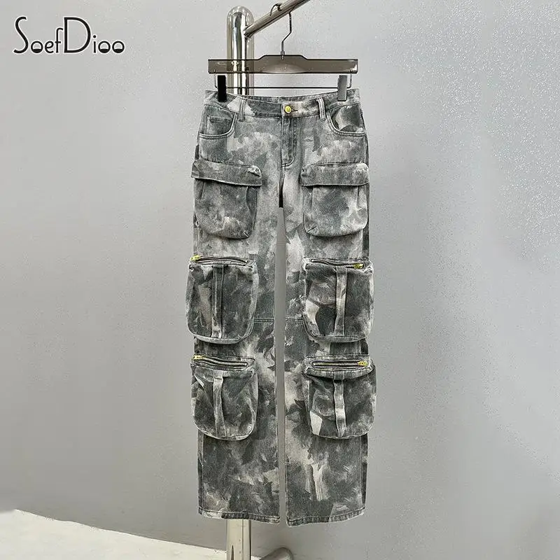 

Soefdioo Camo Multiple Pockets Denim Pants Women Fashion Wide Leg Jeans Trousers 2023 Baddie Streetwear Female Clothing Trend