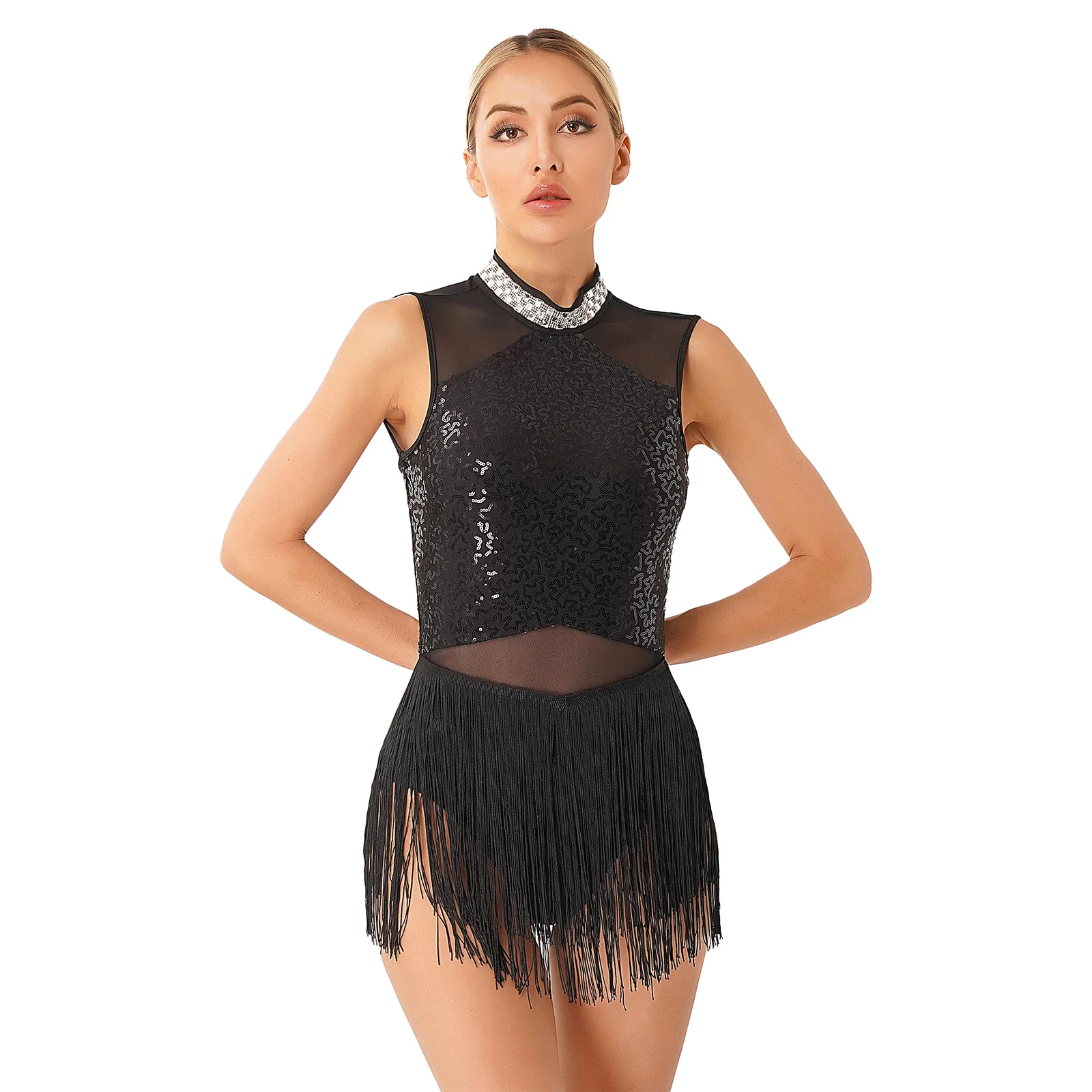 Women Sequins Diamond Latin Jazz Dance Costume Sleeveless Cutout Back Flowy Tassel Dress Leotard Tango Cha-Cha Samba Dancewear