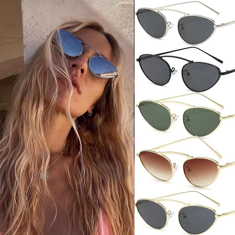 

Fashion Luxury Cat Eye Sunglasses Unique Small Oval Sun Glasses Unisex Metal Frame Triangle Design UV400 Outdoor Eyewear Shades