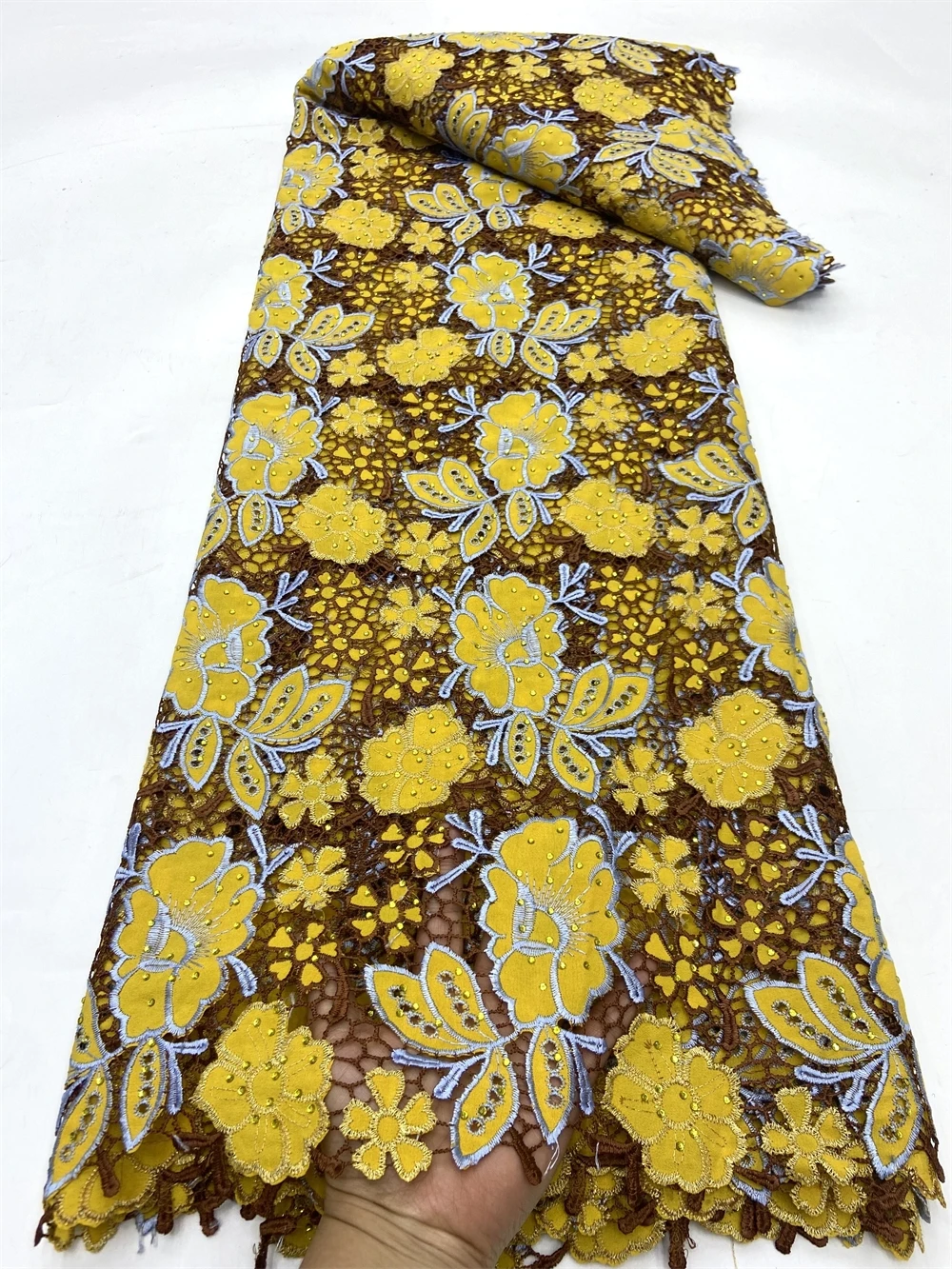 

2024 African Nigerian High Quality Tulle Lace Fabric Cotton Wedding Party Dress Sequins For Sewing Embroidery 5Yards JH0023