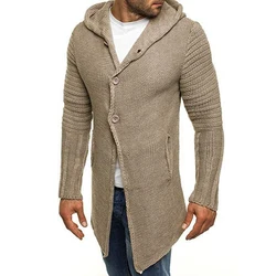Vintage Solid Knitted Overcoats Men Fashion Button-up Long Sweater Coats Mens Clothes Winter Warm Knit Hooded Cardigans Jackets