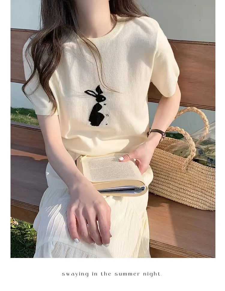 ice silk knitted short sleeve women Korean white rabbit cotton thread T shirt summer new bottom top cotton and linen half sleeve