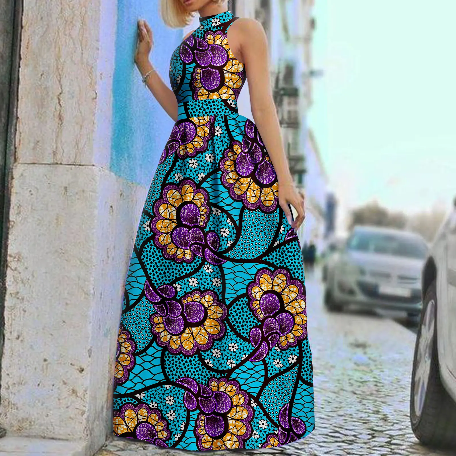 

Afripride African Ladies Sleeveless Strapless Round Neck Dress Ankara Print Ankle Sexy Casual Dress A2325005