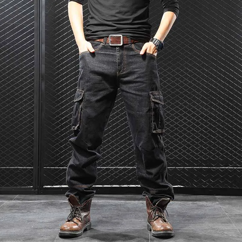 Mcikkny Men Cargo Casual Jean Trousers Multi Pockets Loose Style Motorcycle Denim Pants For Male Size 29-44 Straight 3