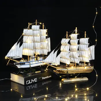 Vintage Sailboat Model Nordic Home Decoration Accessories Wooden Boats Ornament with LED Light Living Room Decor Christmas Gift 2
