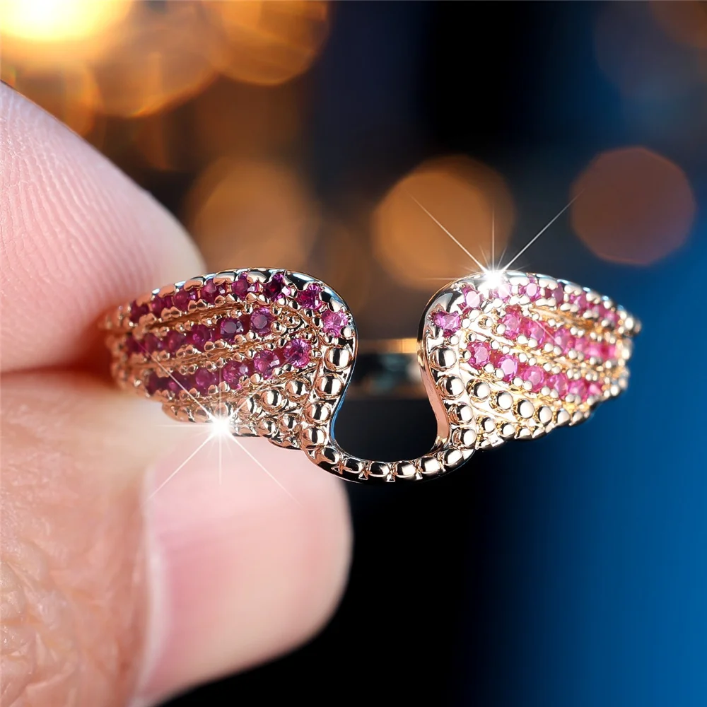 Female Cute Rose Red Zircon Small Stone Ring Vintage Color Angel Wings Engagement Rings Charm Wedding Jewelry For Women