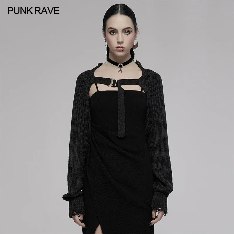 

PUNK RAVE Women's Gothic Ragged Loose Long Sleeve Wool Knitted Bolero with Adjustable Buckle Black Short Sweater Coat Tops