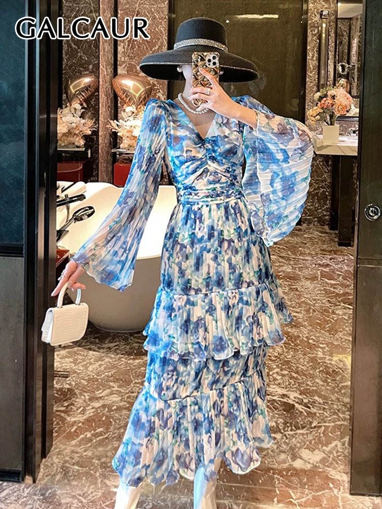 

GALCAUR Casual Long Dresses For Women V Neck Flare Sleeve High Waist Ruched Print Fashion Dress Female Spring 2023 Clothing New
