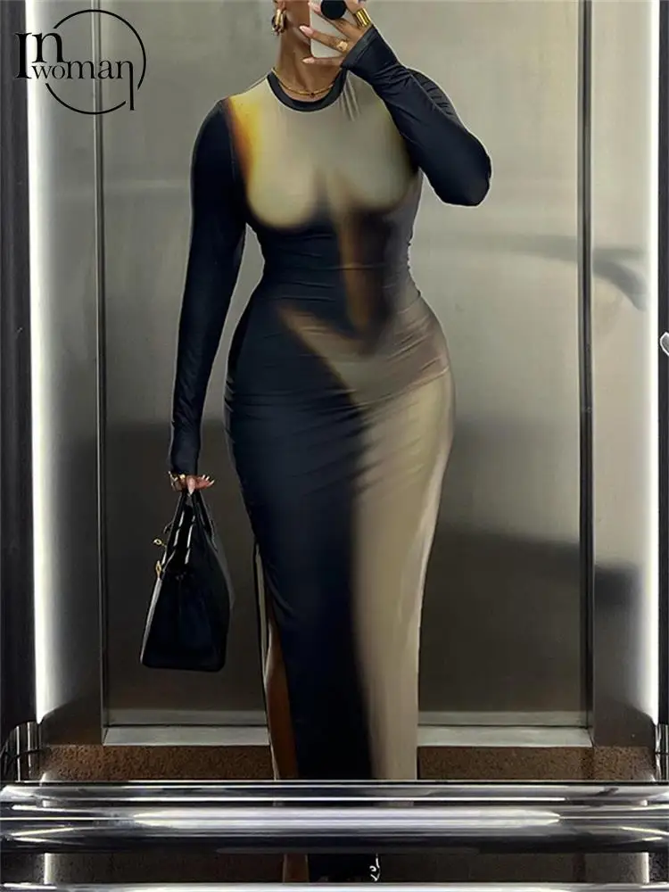 

Inwoman Sexy Gradient Bodycon Long Dress PartyClub Outift For Women 2023 Fall Long Sleeve Booty Maxi Dress Fashion Evening Dress