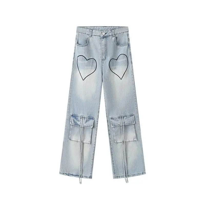 Pants Multi-Pocket Love Laces High Waist 2024 Blue Women'S Fashion Harajuku Straight Leg Jeans Baggy Large Size Denim Overalls