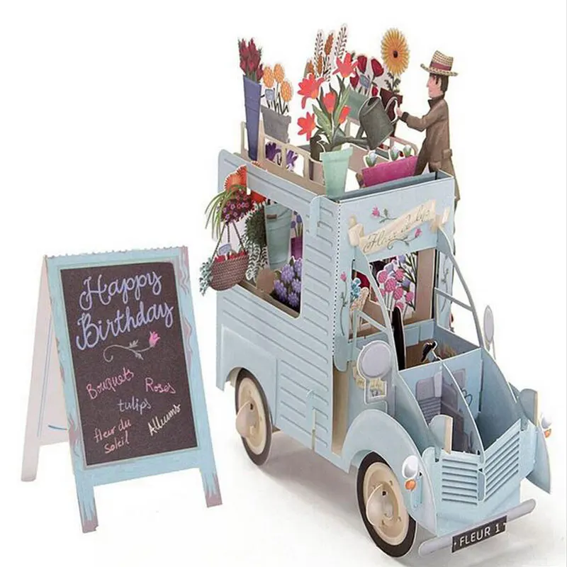 Christmas 3D Pop Up Flowers Car Greeting Cards Thank You Card Valentine Anniversary Birthday Party Invitations Card Paper Craft