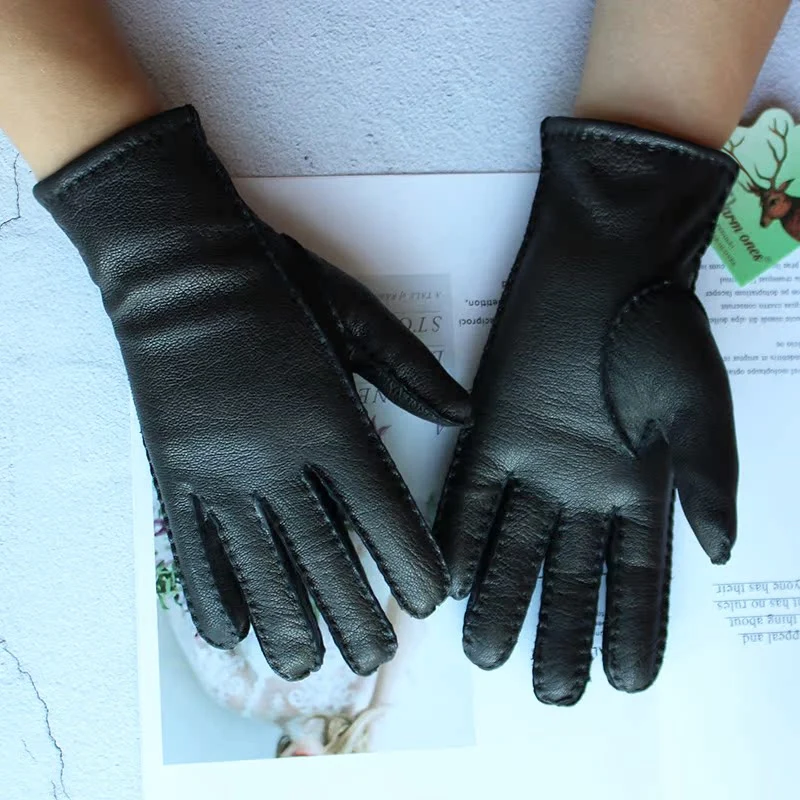 Women's Deer Skin Touch Screen Genuine Leather Gloves With Wool Lining For Autumn and Winter Warmth Motorcycle Riding Gloves