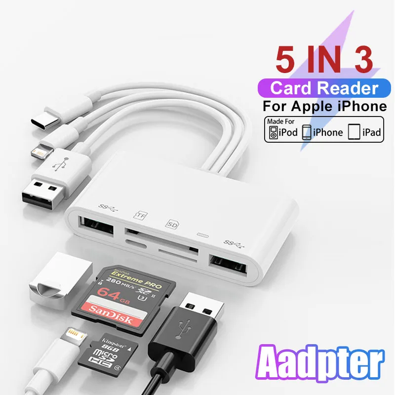 

3 Heads USB Hub 5 In 1 Type C Docking Station OTG Flash Drive SD TF Card Reader For iPhone 14 iPad Macbook Laptop Xiaomi Samsung