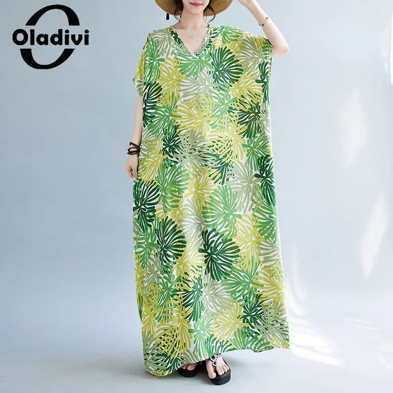 

Oladivi Fashion Print Women Bohemian Beach Dress 2023 Summer Short Sleeve Long Beach Dresses Ladies Oversized Tunc 8XL 9XL 5463