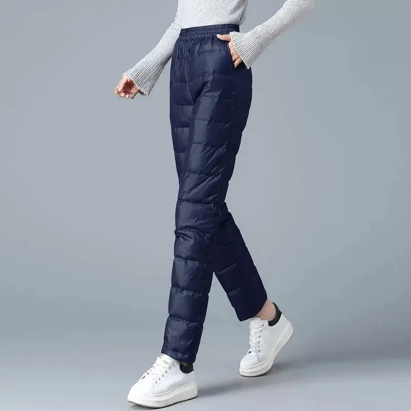 Women's Solid Color Drawstring Fashion Trend High Waisted Elastic Winter Thick Zipper Pocket Shirring Casual Down Cotton Pants