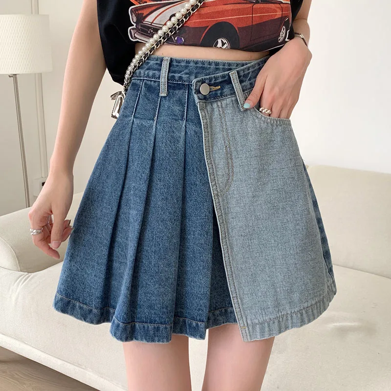 

Chic Irregular Patchwork Women Mini Denim Skirts 2023 Spring Summer Female Casual A-Line High Waist Skirt Streetwear SK33
