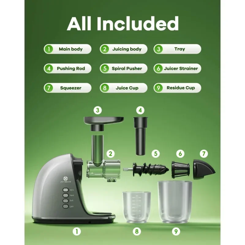 QWJoyBear Cold Press Juicer Machine: Easy to Clean Slow Masticating Juicer Extractor for Veggies and Fruits,92% Juice Yield High 3