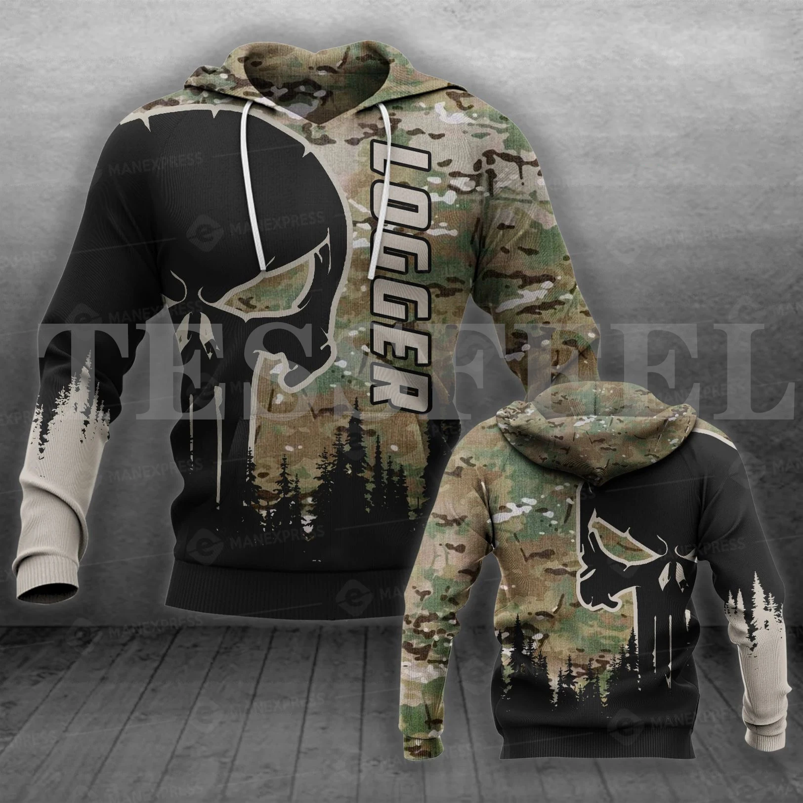 Tessffel Personalizza Worker Wood Logger Motosega Retro Camo Skull Tattoo 3Dprint Uomo/Donna Harajuku Casual Funny Jacket Felpe Con Cappuccio X3