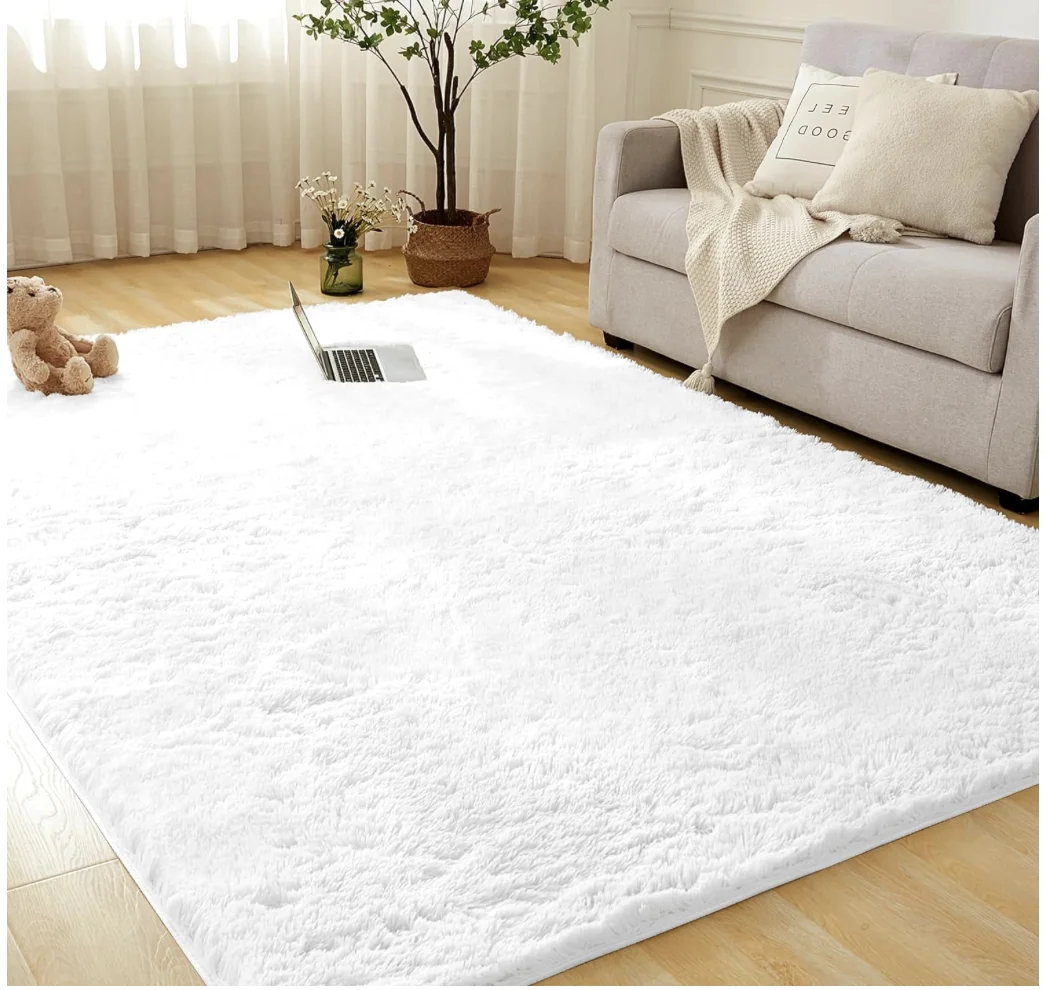 

White Shag Area Rug for Living Room, Faux Fur Fuzzy Plush Indoor Bedroom Rugs & Carpets, Non Skid Soft Fluffy Rug