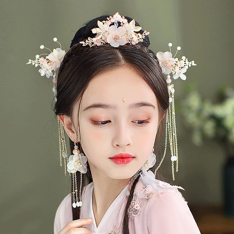 Chinese Hanfu Hair Stick Hairpin Earrings Hair Accessories Set Long Fringed Vintage Hairpin Flower Handmade Wedding Hair Jewelry 6