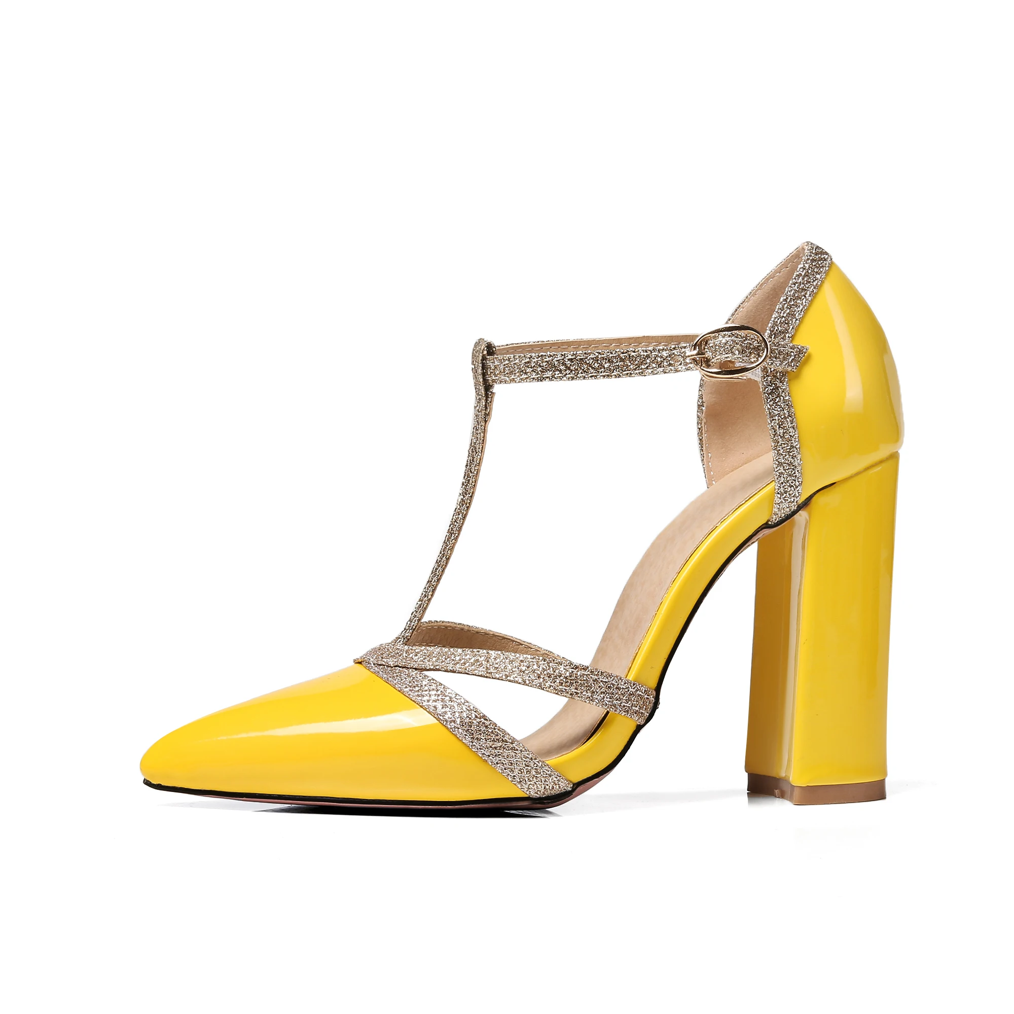 Spitze Zehensandalen mit klobigem Absatz, einzelne Schuhe mit Paillettenriemen, High Heels in Rot, Gelb, Gold, Silber, Schwarz, Schnallendesign, glänzende Lederschuhe, Partyschuhe, günstiger Rabatt im Ausverkauf – Detail 12