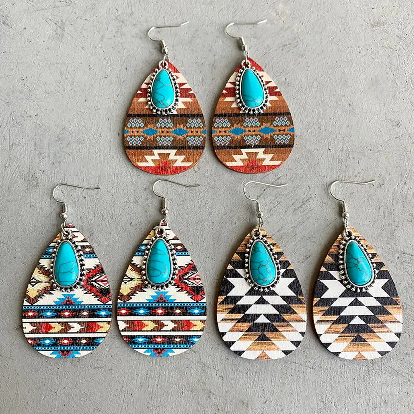 Aztec Pattern Wood Turquoise Teardrop Earrings for Women 2022 New Western Inspired Earrings Boho Jewelry Wholesale