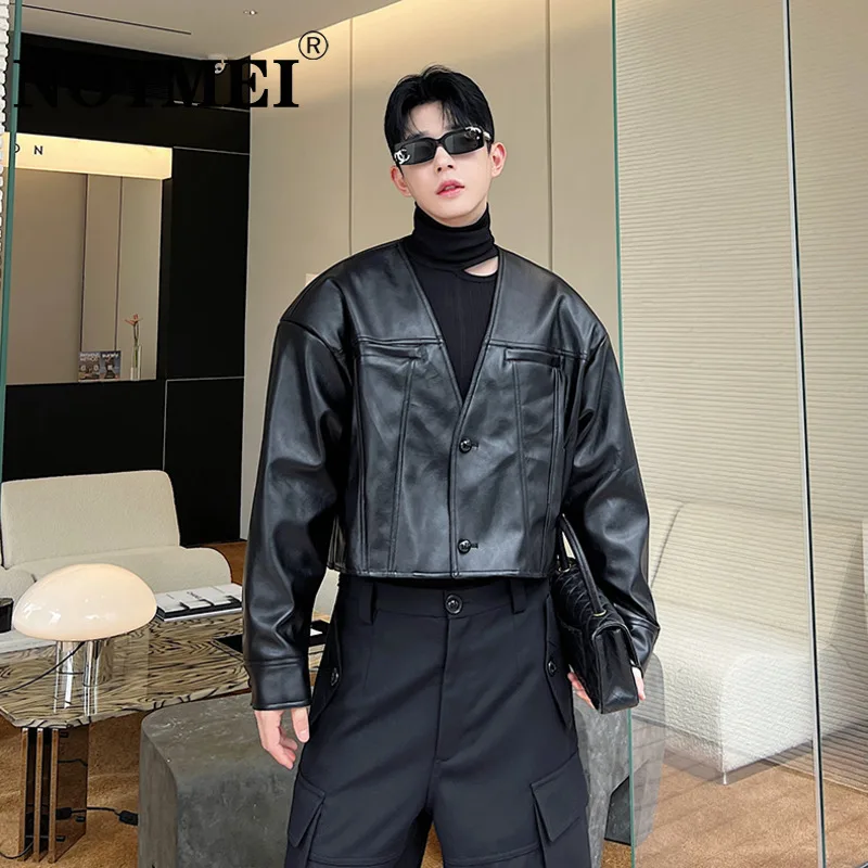 

NOYMEI V-neck Single Breasted Black Men's Coat Loose Fitting Short PU Leather Jacket Korean Style Fashion Temperament WA2458