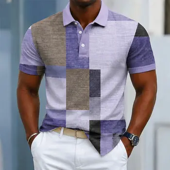 Polo da uomo con stampa a quadri viola e marrone, top casual per streetwear primaverile ed estivo e occasioni smart casual