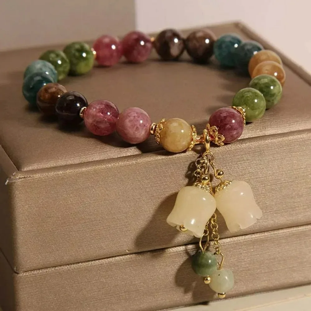 Beaded Bracelet Orchid Charm Multi Color Flower Shape Gold Color Metal Spacer Retro For Women Gift