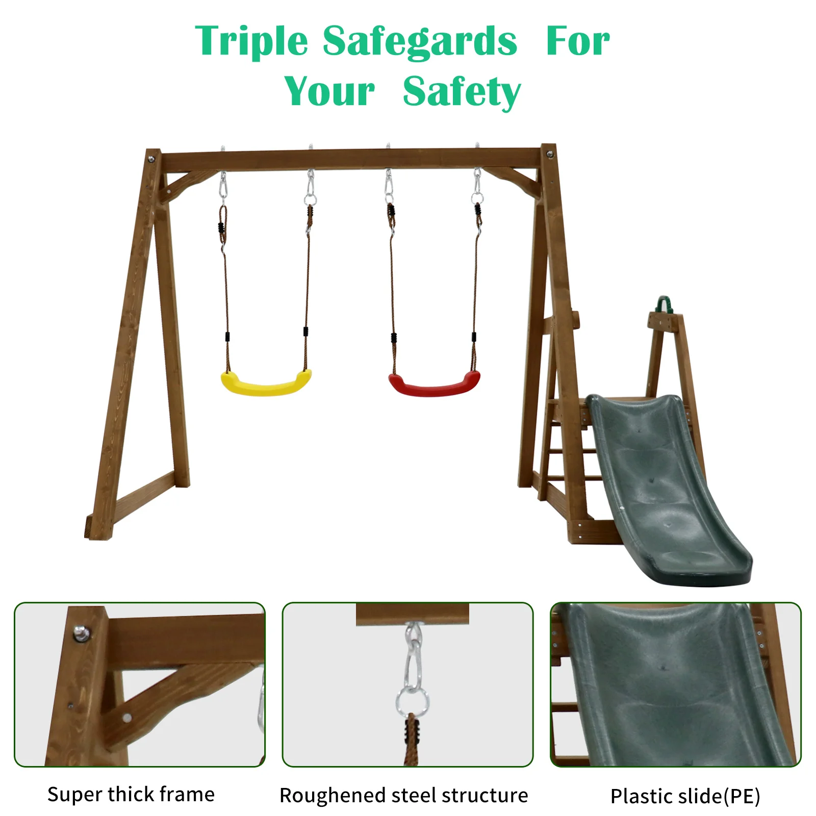 Wood Swing Set for Backyard, 2 in 1 Outdoor Swing Set with Slide, Climbing Rope Ladder Kids Backyard Playset 6
