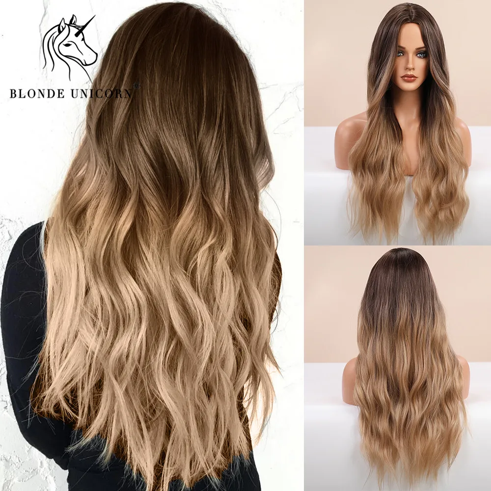 Blonde Unicorn Synthetic Wig Ombre Blonde Brown Long Wigs Middle Part Hair Wig Daily Natural Wavy Heat Resistant Fiber for Women