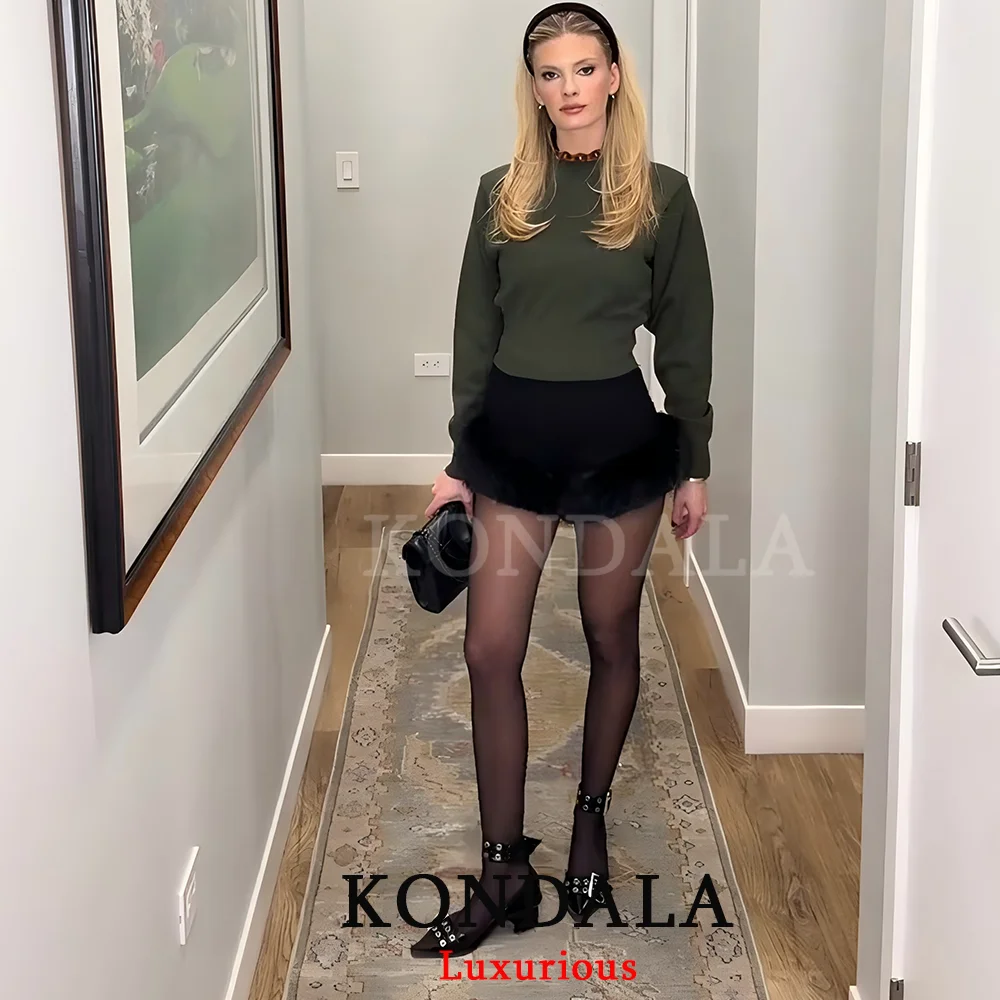 KONDALA Sexy Chic Schwarz Pelz Patchwork Shorts Frauen Mode 2026 Party Abend Club Breite Bein Shorts Elegante Y2K Mädchen neue Jahr – Detail 6