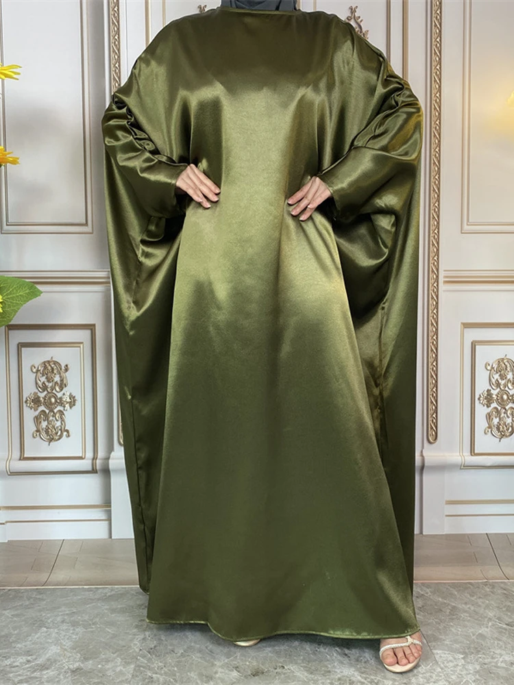Autumn Satin Abayas Solid Color Muslim Dress Loose Islamic Clothing