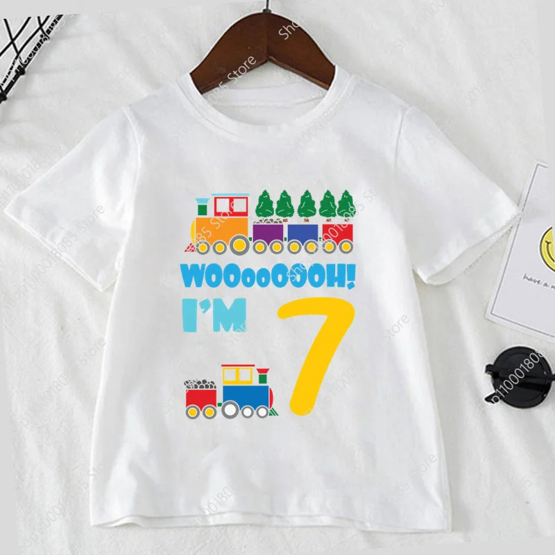 

Boys Number 1-9 T-shirt Cute Train Cartoon Baby Boys Fashion Popular Children's White Comfortable Hippy Cool T-shirt