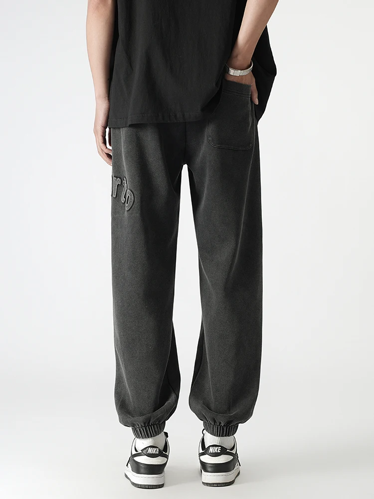 Men's Washed Jogger Pants 320G Knitted Cotton Retro High Street Heavyweight Baggy Sweatpants Ankle-Length Casual Letter Joggers