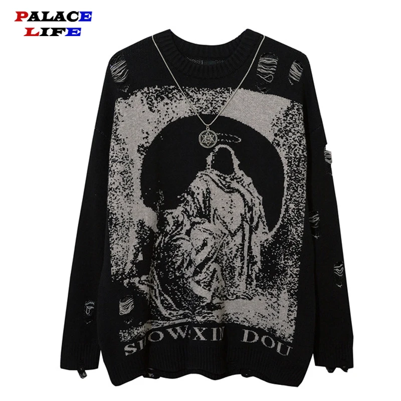 

Harajuku Dark Priest Printed Knitted Sweater Mens Women Streetwear Hip Hop Hole Ripped Pullovers Jumper Oversized With Necklace