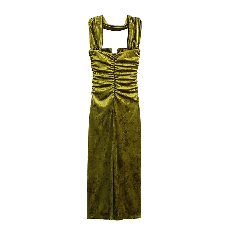 Elegant Halter Velvet Midi Dresses Women Backless Pleated Zipper Green Party Dress Female 2025 Spring Summer Lady Slim Fit Robes