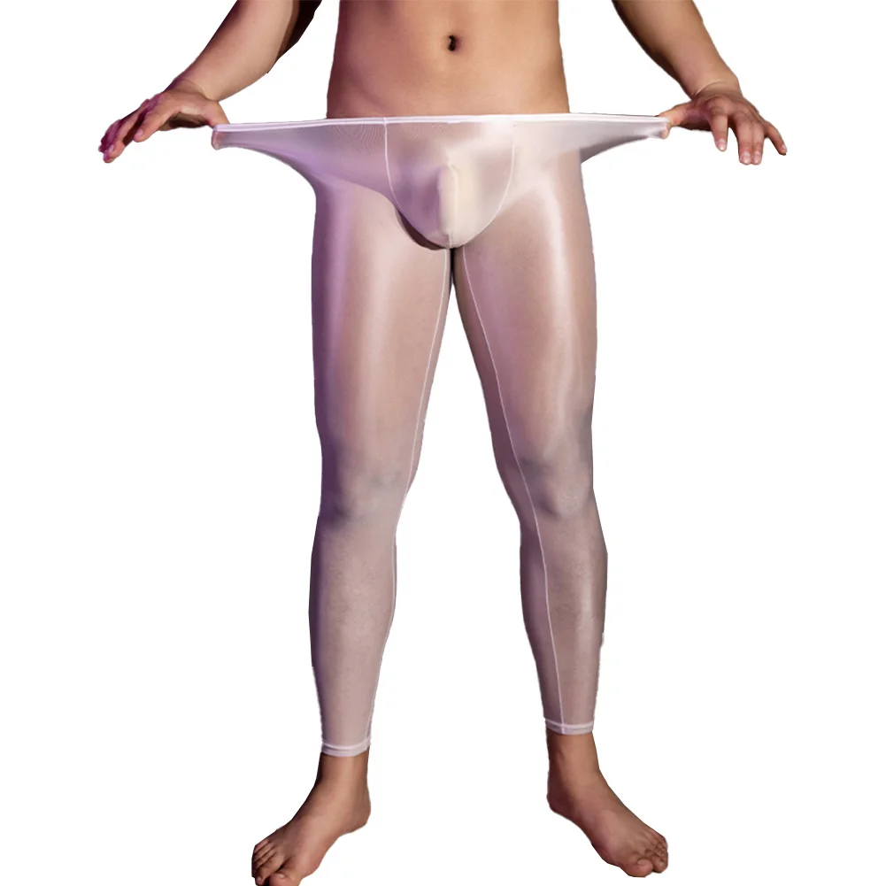 Mens Thin Oil Shiny Glossy Leggings See Through Underwear Sexy Long Pants Skinny Trousers Enhance Penis Pouch Bulge Bodystocking