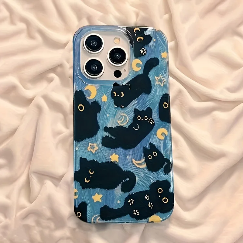 Celestial Black Cats Silicone Phone Case with Moon and Stars Design