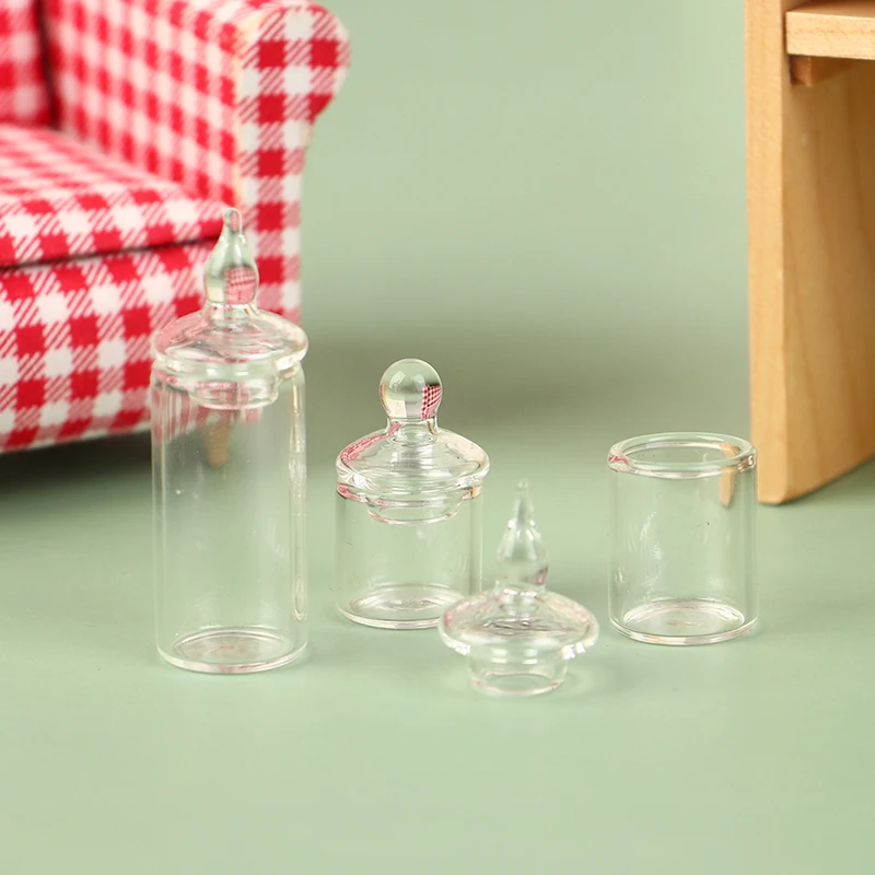1Pc 1:12 Dollhouse Miniature Clear Glass Jar Candy Bean Storage Bottle Tiny Jar With Cover DollHouse Kitchen Decor Accessories 4