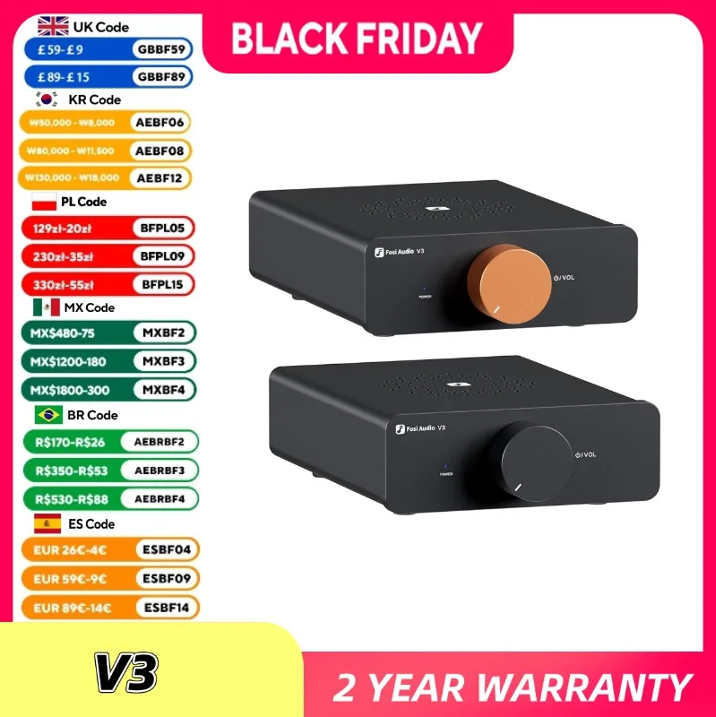 Fosi Audio V3ステレオパワーアンプ 300W×2 TPA3255 クラスDミニアンプ