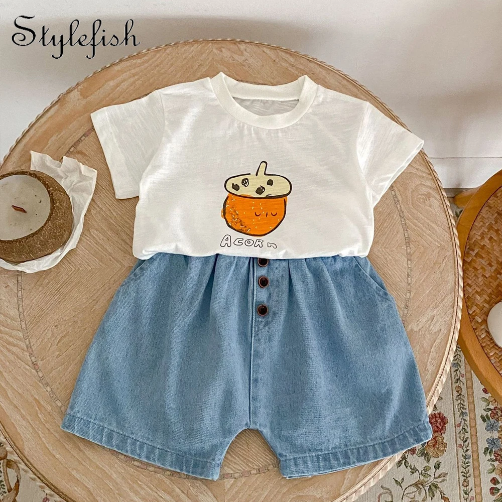 

Summer New 0-3 Year Old Baby Clothing Girl Cartoon Cute Pineapple Print Short sleeved Top+Denim Pants Two Piece Set Selection