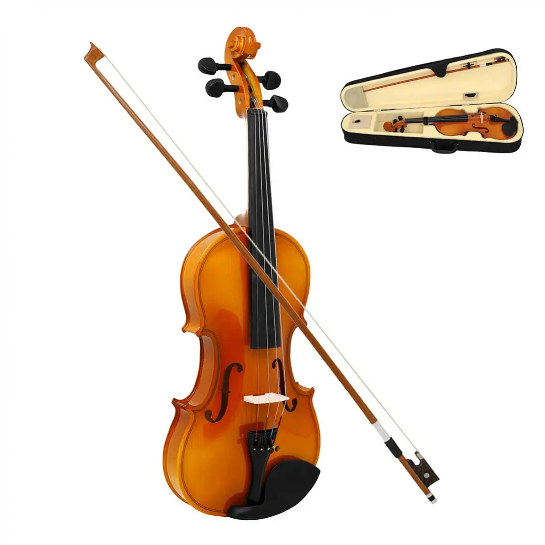 4/4 3/4 1/2 1/4 1/8 Bright Solid Wood Acoustic Violin for Beginners with Case & Bow, Ebony Chin Rest Natural Color Fiddle