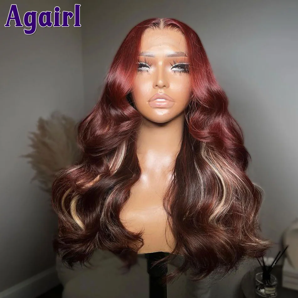 

Dark Red Brown With #613 Blonde Highlight 13x6 Body Wave Lace Frontal Wig Glueless 13X4 Wavy Lace Front Human Hair Wigs 4X6 Wigs