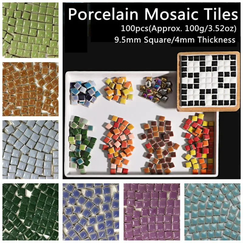 100pcs(Approx. 100g/3.5oz) Porcelain Mosaic Tiles 9.5mm Square Ceramic Mosaic Making Tiles 4mm Thickness DIY Crafts Materials