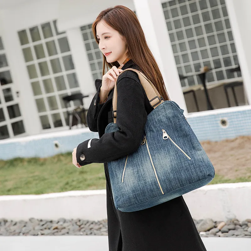 

Women Big Tote Bags 3 Zipper Front Fashion Denim Ladies Handbags Large Capacity Travel Shoulder Bags Designer Blue Shopper Bolsa