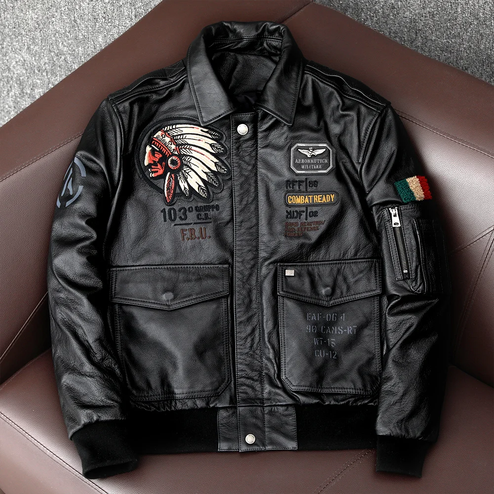 

New Indian Embroidery Flying Suit Natural Genuine Leather Coat Men's Cowhide Leather Motorcycle Jackets Slim Fashion Clothing