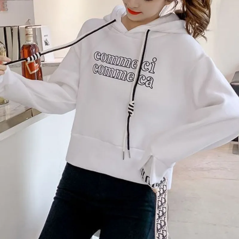 2023Women's Autumn New Winter Fashion Elegant Hooded Letter Drawstring Casual Versatile Long Sleeved Loose Plush Thick Hoodie